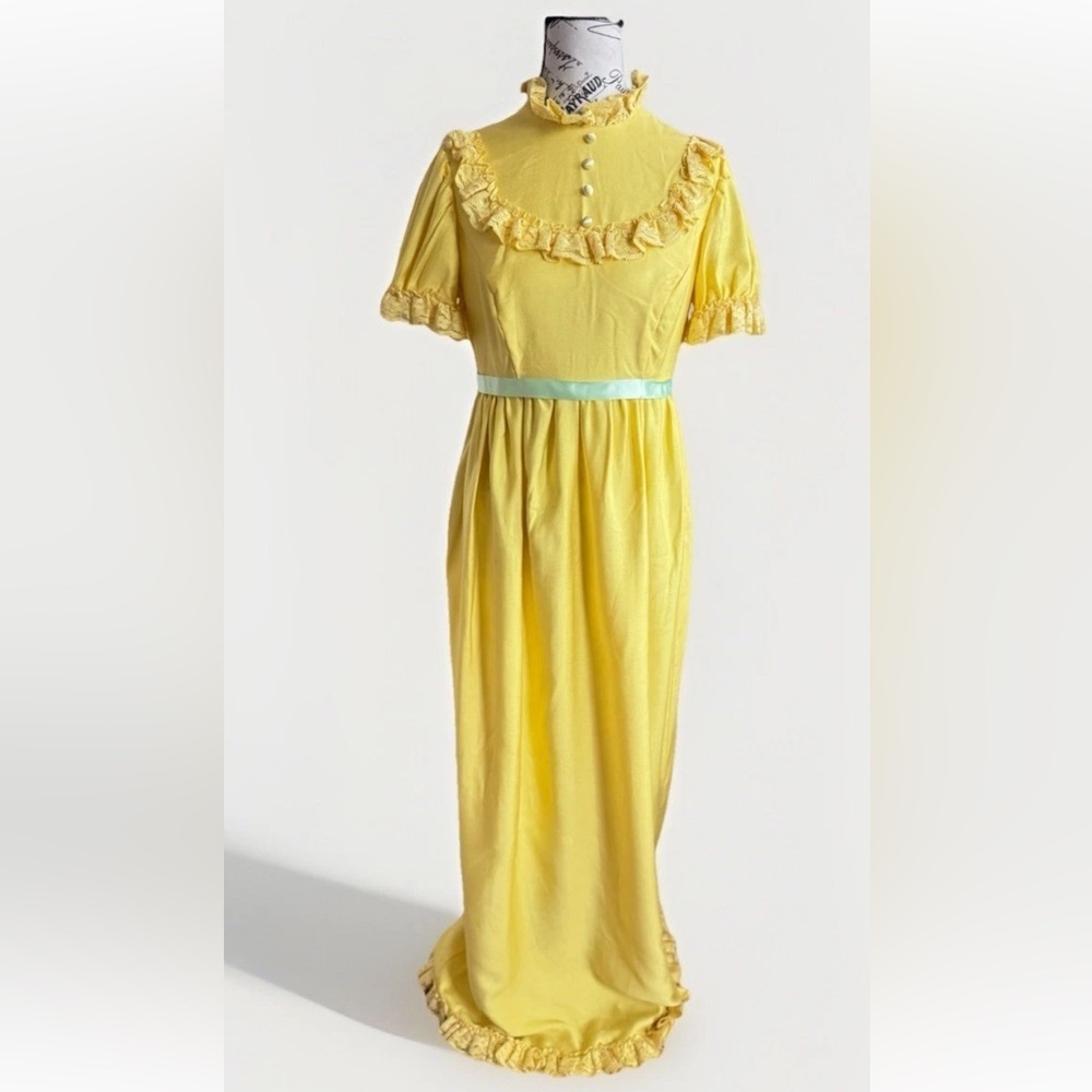 vintage 70s yellow bow lace long maxi prairie cottage core tea dress ILGWU